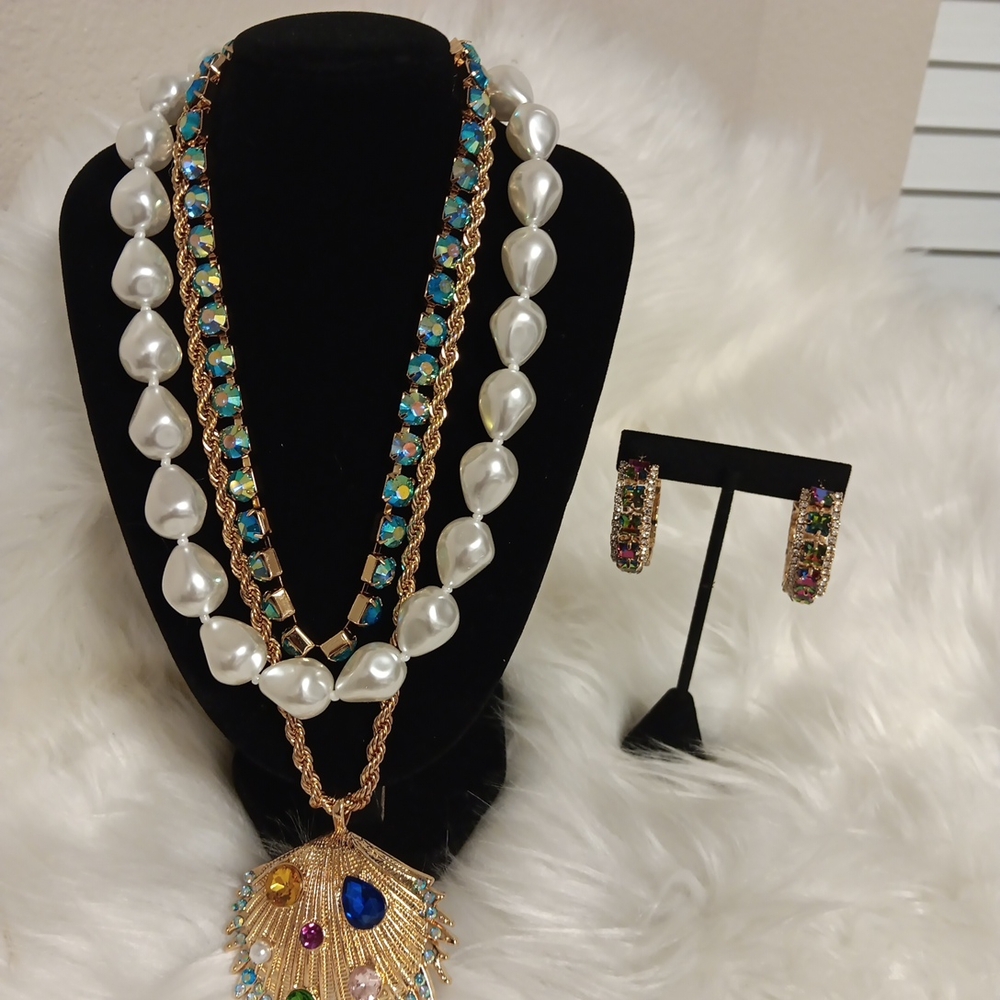Natasha Couture White and Blue Double-Strand Necklace with Peacock Pendant